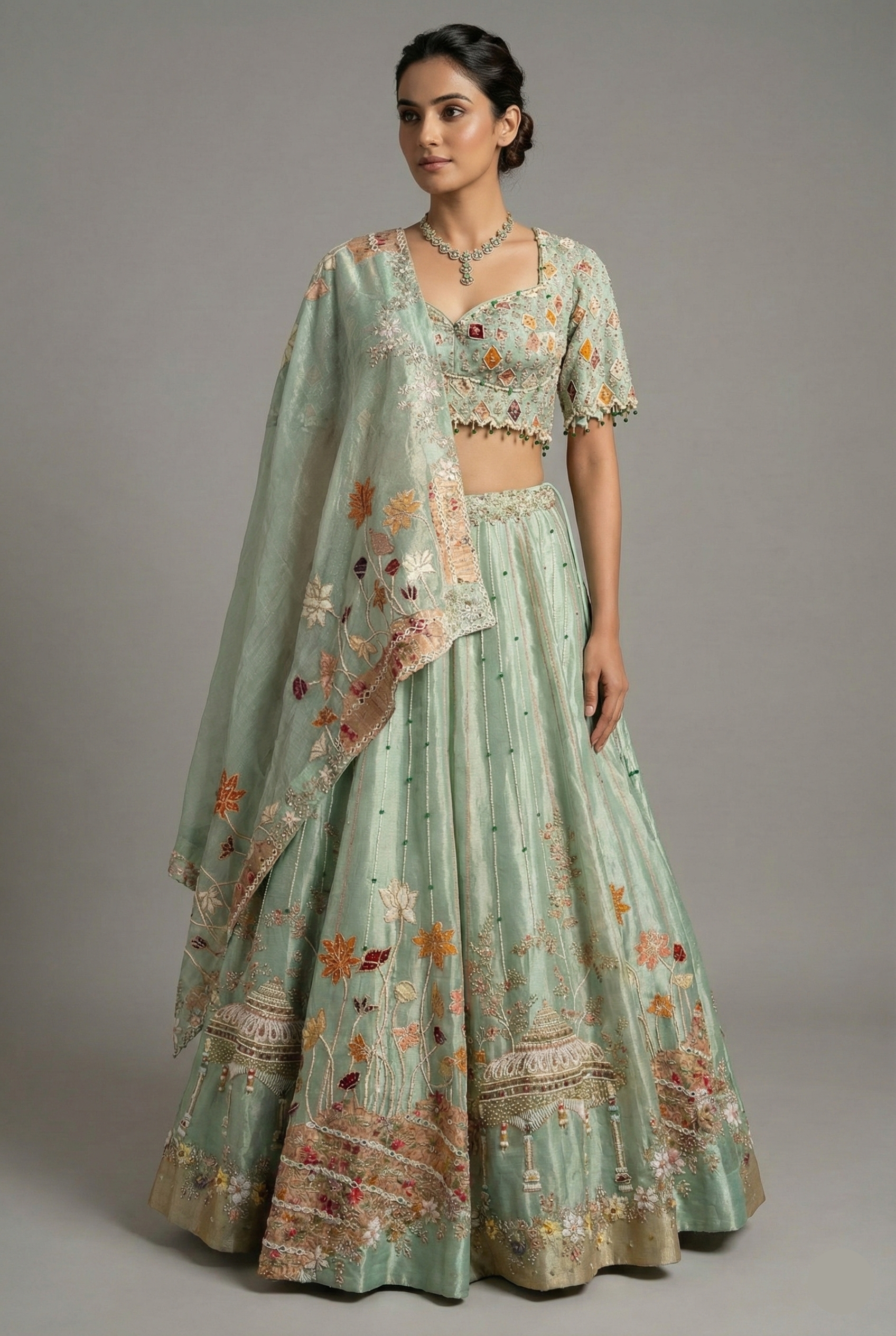 Aqua Green Tissue Designer Bead and Multi Thread Floral Work Lehenga - green saree