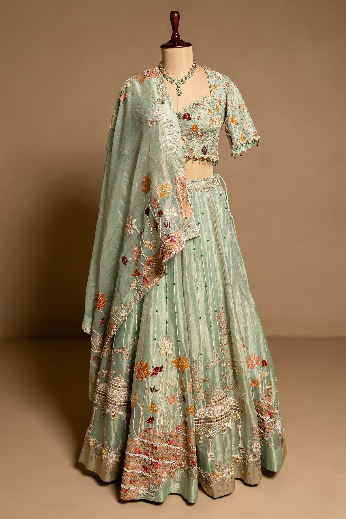 Aqua Green Tissue Designer Bead and Multi Thread Floral Work Lehenga - green saree