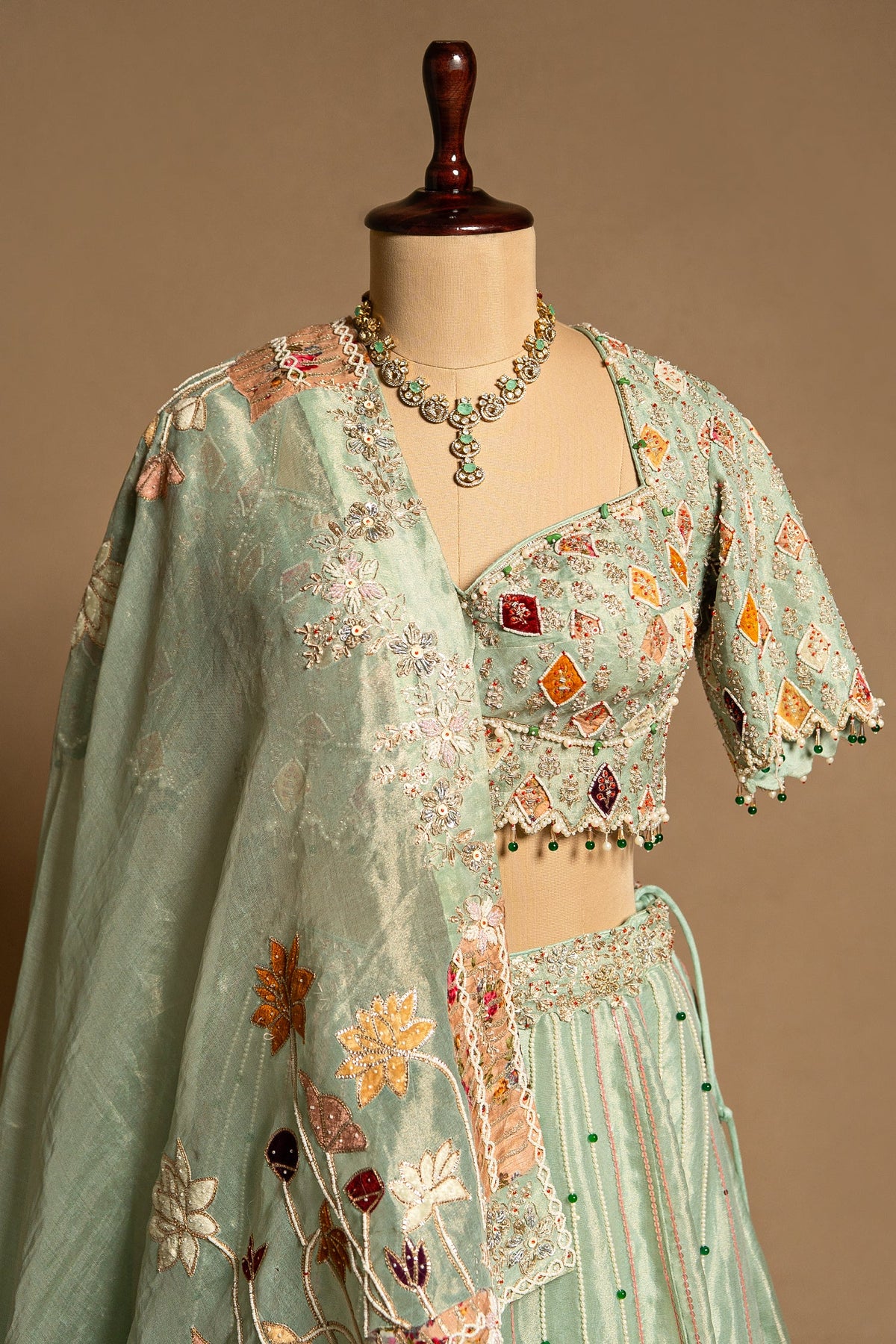 Aqua Green Tissue Designer Bead and Multi Thread Floral Work Lehenga - green saree
