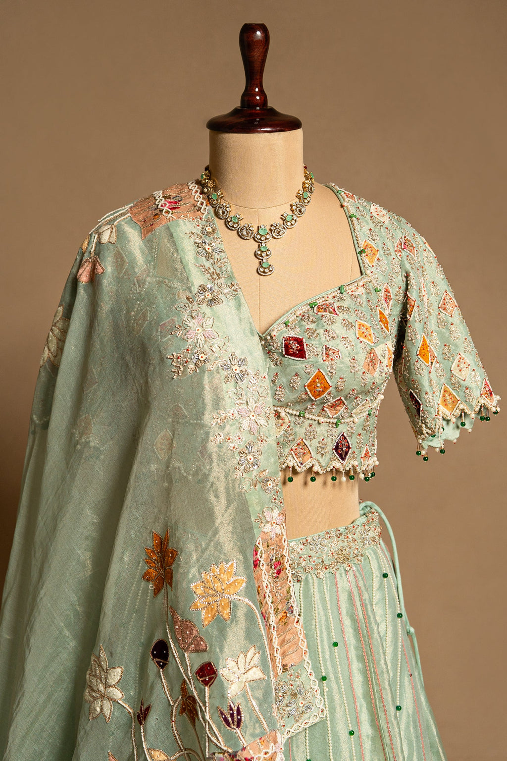 Aqua Green Tissue Designer Bead and Multi Thread Floral Work Lehenga - green saree