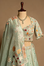Aqua Green Tissue Designer Bead and Multi Thread Floral Work Lehenga - green saree