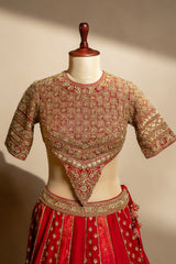Maroon Raw Silk Tissue Paisley Motif Designer Bridal Lehenga with Double Dupatta