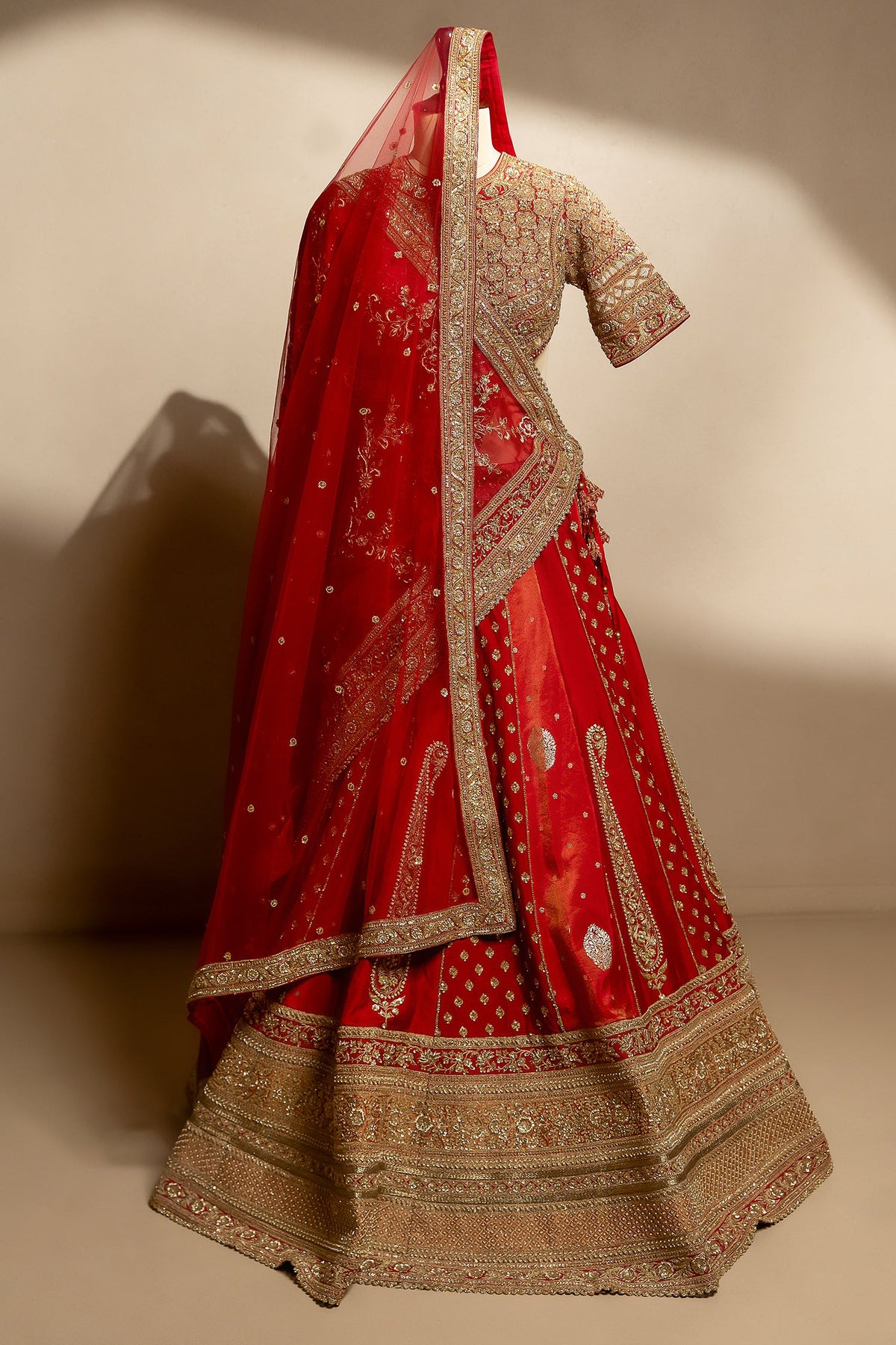 Maroon Raw Silk Tissue Paisley Motif Designer Bridal Lehenga with Double Dupatta - maroon silk saree