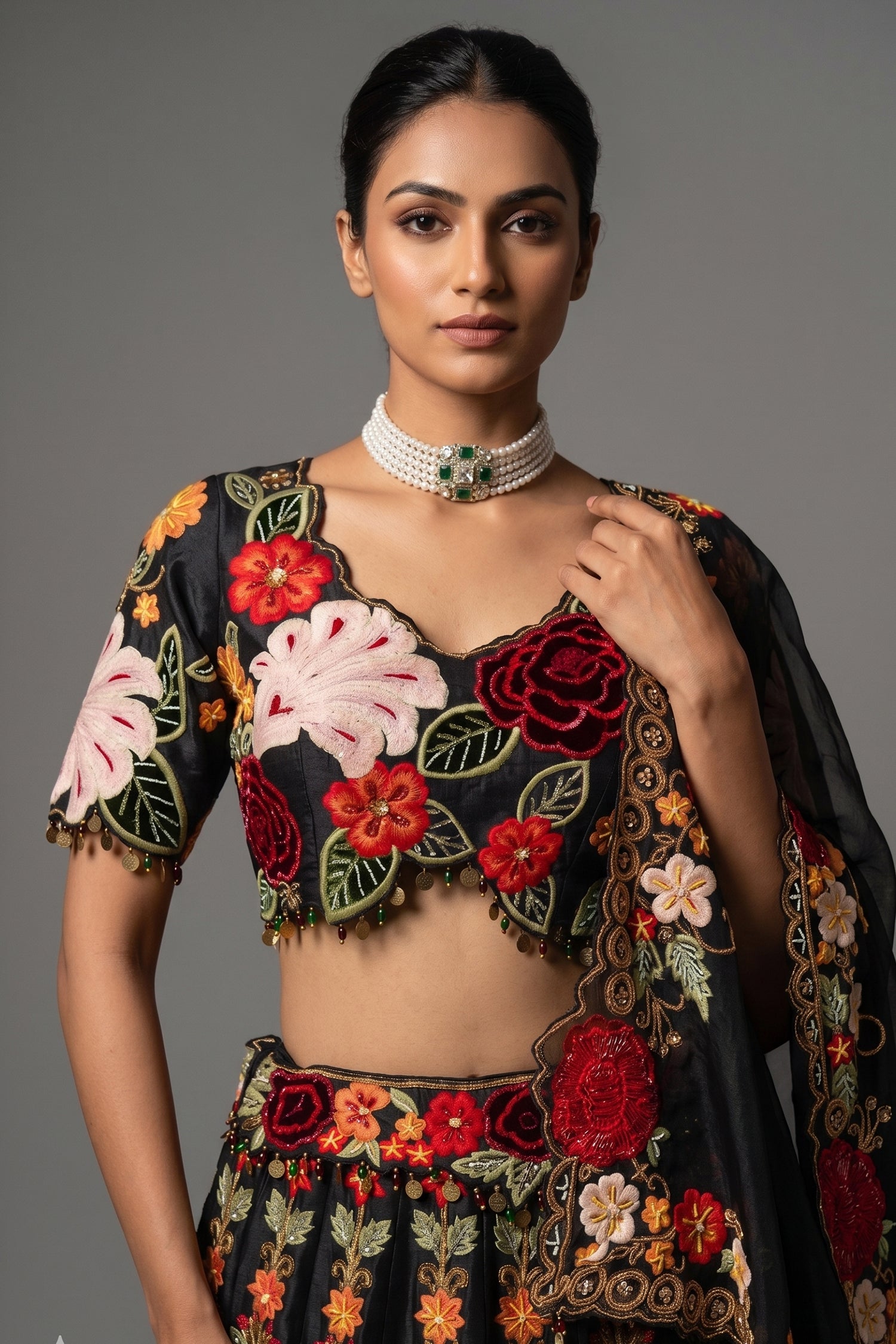 Black Raw Silk Floral Embroidered and Sequin Beaded Worked Lehenga Secondary image