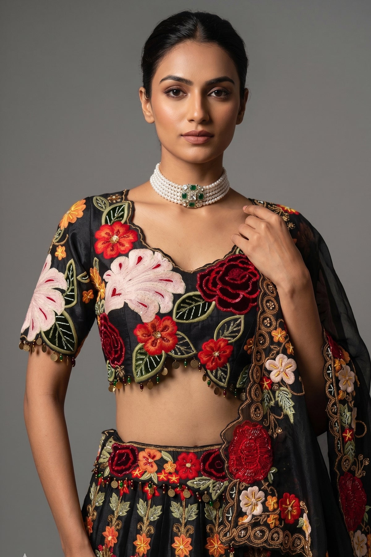 Black Raw Silk Floral Embroidered and Sequin Beaded Worked Lehenga - red silk saree embroidered
