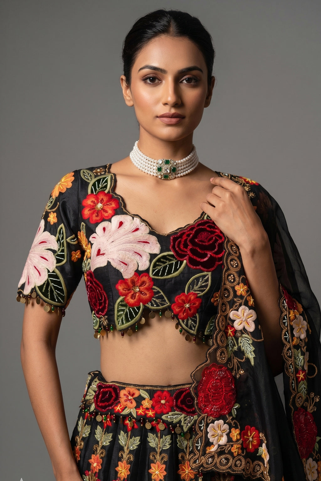 Black Raw Silk Floral Embroidered and Sequin Beaded Worked Lehenga - red silk saree embroidered