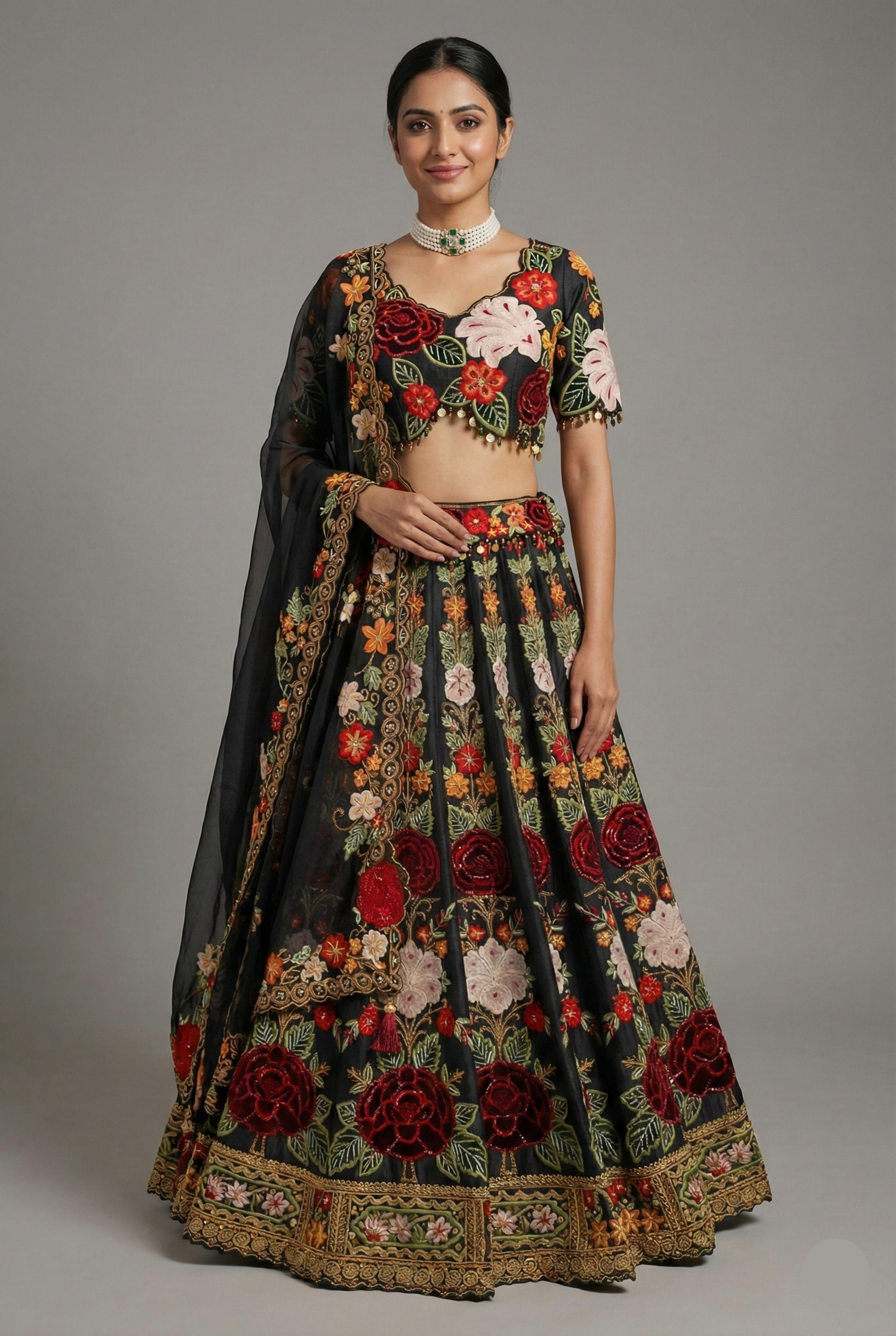 Black Raw Silk Floral Embroidered and Sequin Beaded Worked Lehenga - red silk saree embroidered Main image