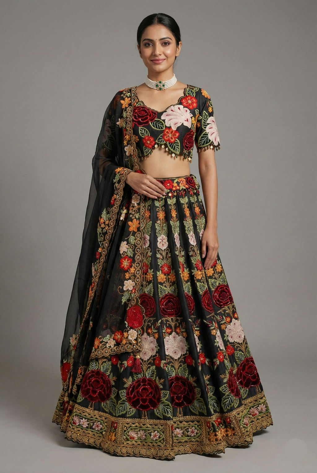 Black Raw Silk Floral Embroidered and Sequin Beaded Worked Lehenga - red silk saree embroidered