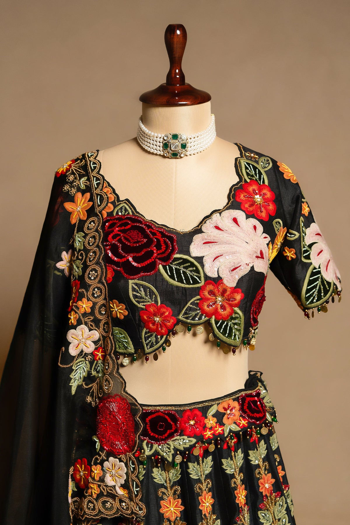 Black Raw Silk Floral Embroidered and Sequin Beaded Worked Lehenga - red silk saree embroidered