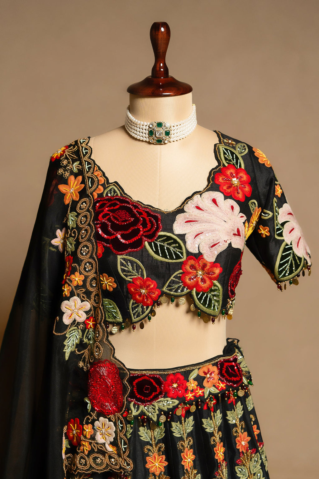 Black Raw Silk Floral Embroidered and Sequin Beaded Worked Lehenga - red silk saree embroidered