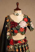 Black Raw Silk Floral Embroidered and Sequin Beaded Worked Lehenga - red silk saree embroidered