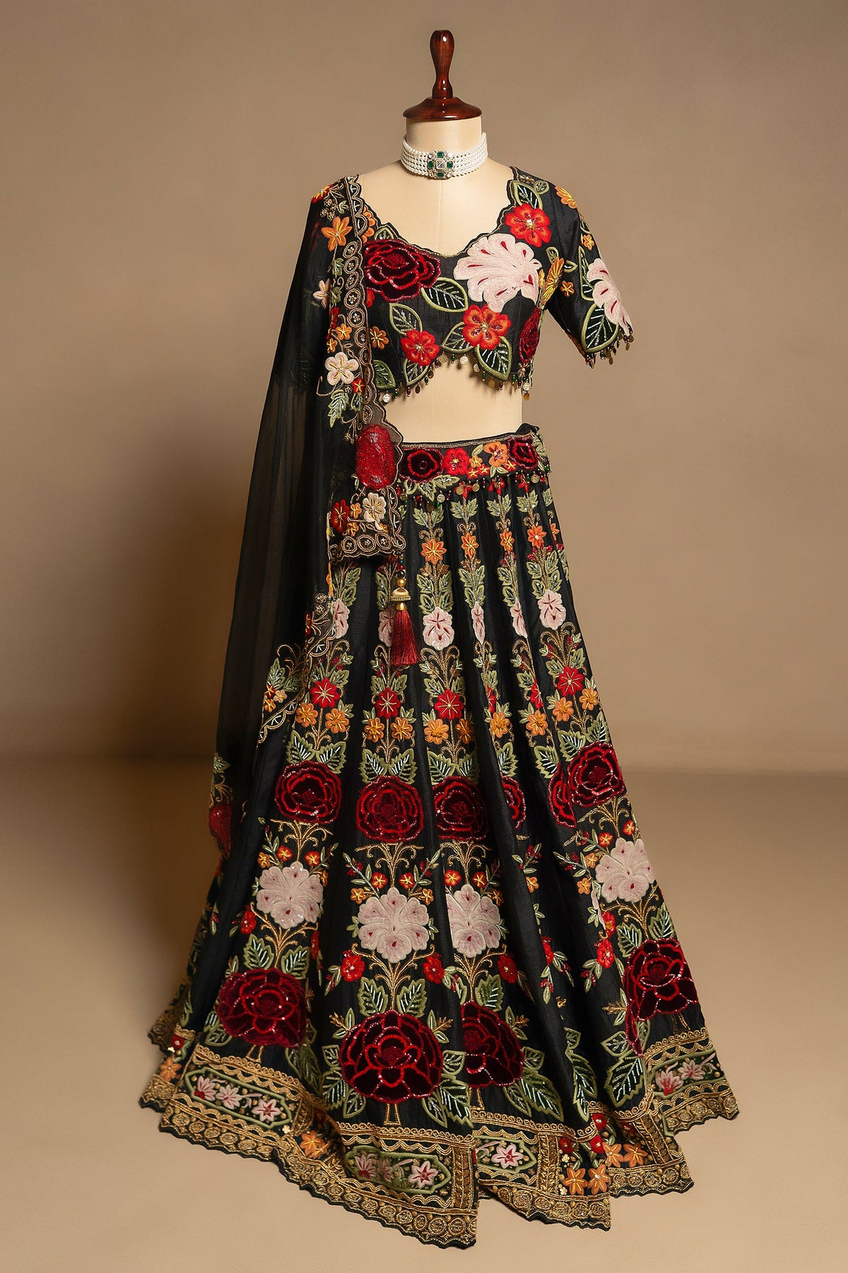 Black Raw Silk Floral Embroidered and Sequin Beaded Worked Lehenga - red silk saree embroidered
