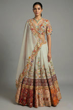 Light Grey Organza Floral Embroidered and Sequin Worked Lehenga - red organza saree embroidered