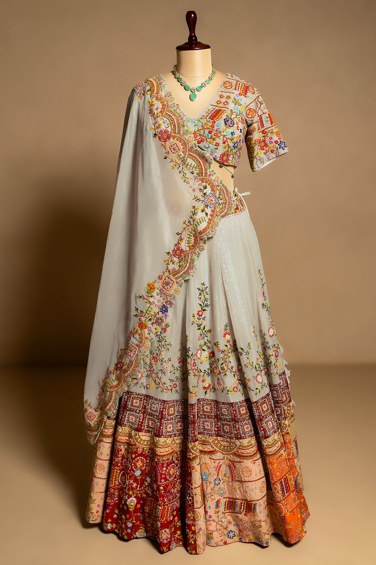 Light Grey Organza Floral Embroidered and Sequin Worked Lehenga - red organza saree embroidered
