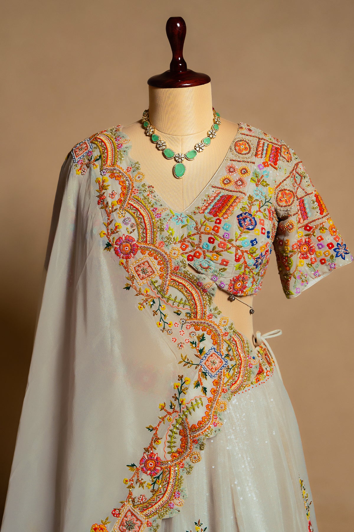 Light Grey Organza Floral Embroidered and Sequin Worked Lehenga - red organza saree embroidered