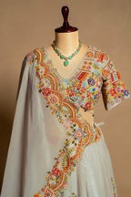 Light Grey Organza Floral Embroidered and Sequin Worked Lehenga - red organza saree embroidered