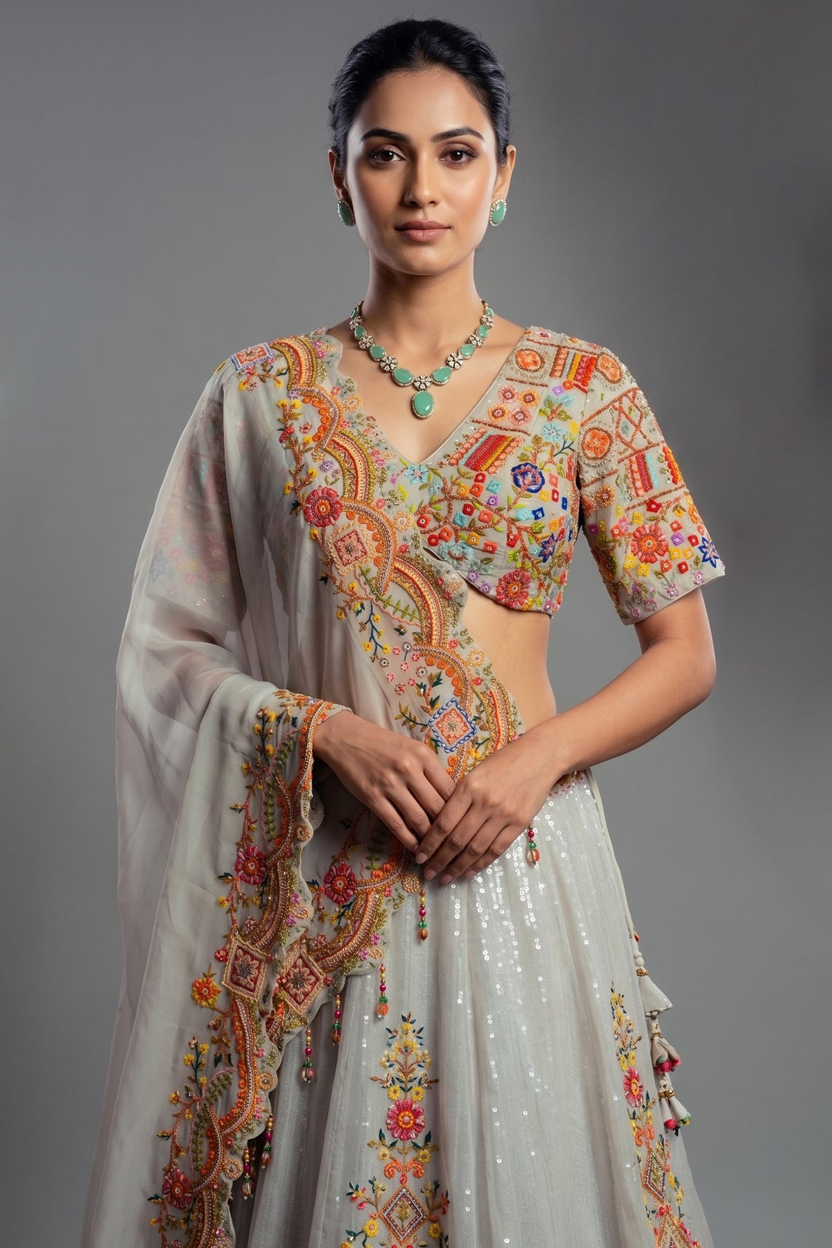 Light Grey Organza Floral Embroidered and Sequin Worked Lehenga - red organza saree embroidered