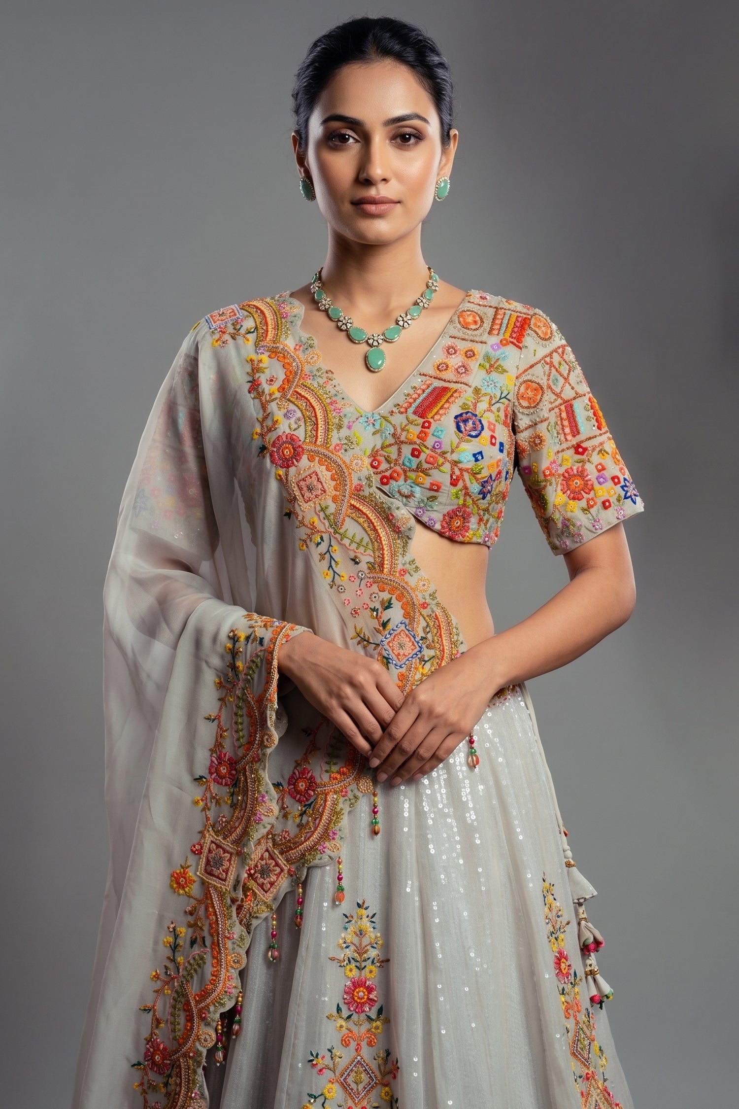 Light Grey Organza Floral Embroidered and Sequin Worked Lehenga - red organza saree embroidered