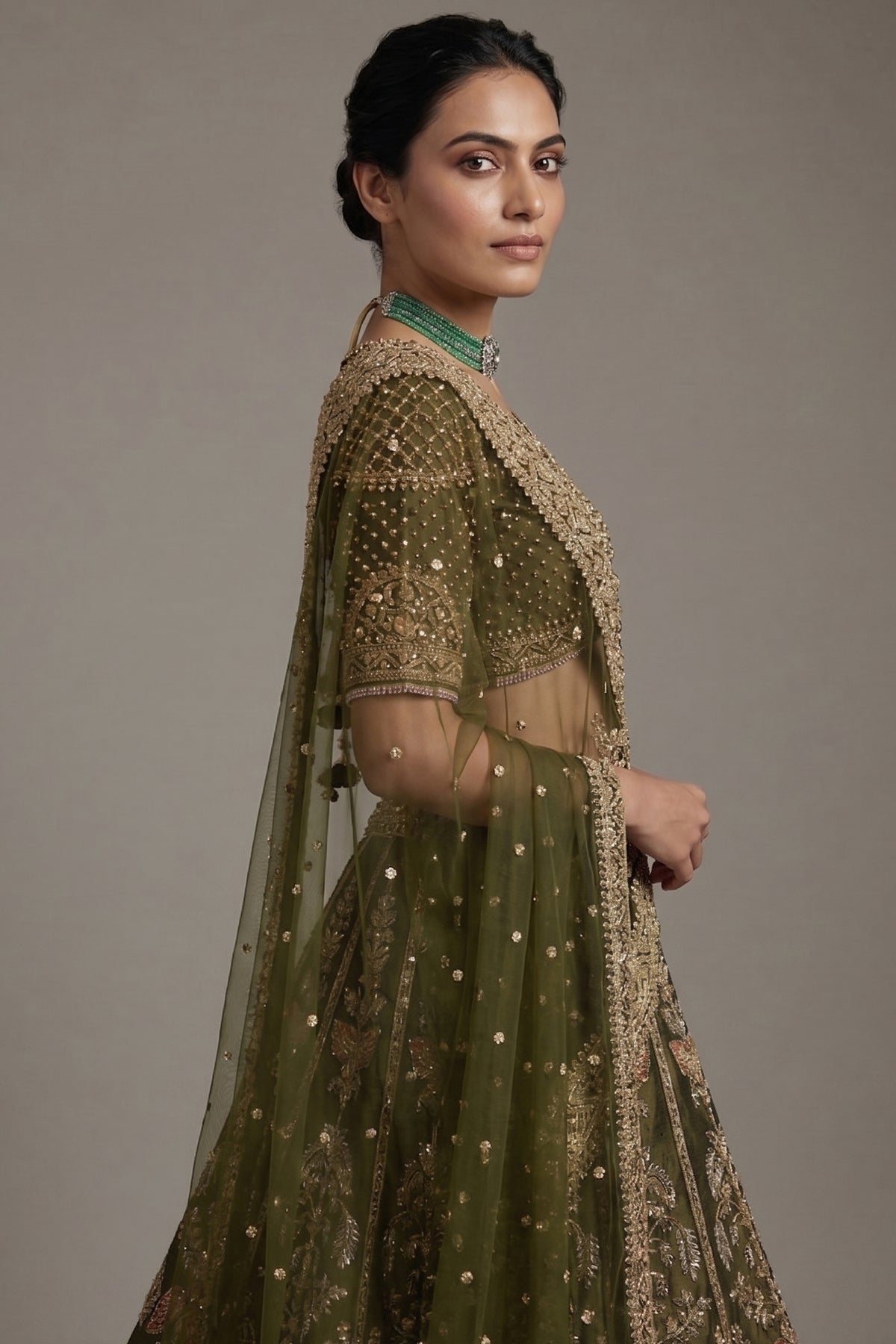 Olive Green Matka Silk Zardosi and Sequin Worked Lehenga with Double Dupatta - green silk saree