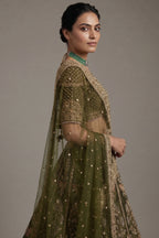 Olive Green Matka Silk Zardosi and Sequin Worked Lehenga with Double Dupatta - green silk saree