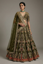 Olive Green Matka Silk Zardosi and Sequin Worked Lehenga with Double Dupatta - green silk saree