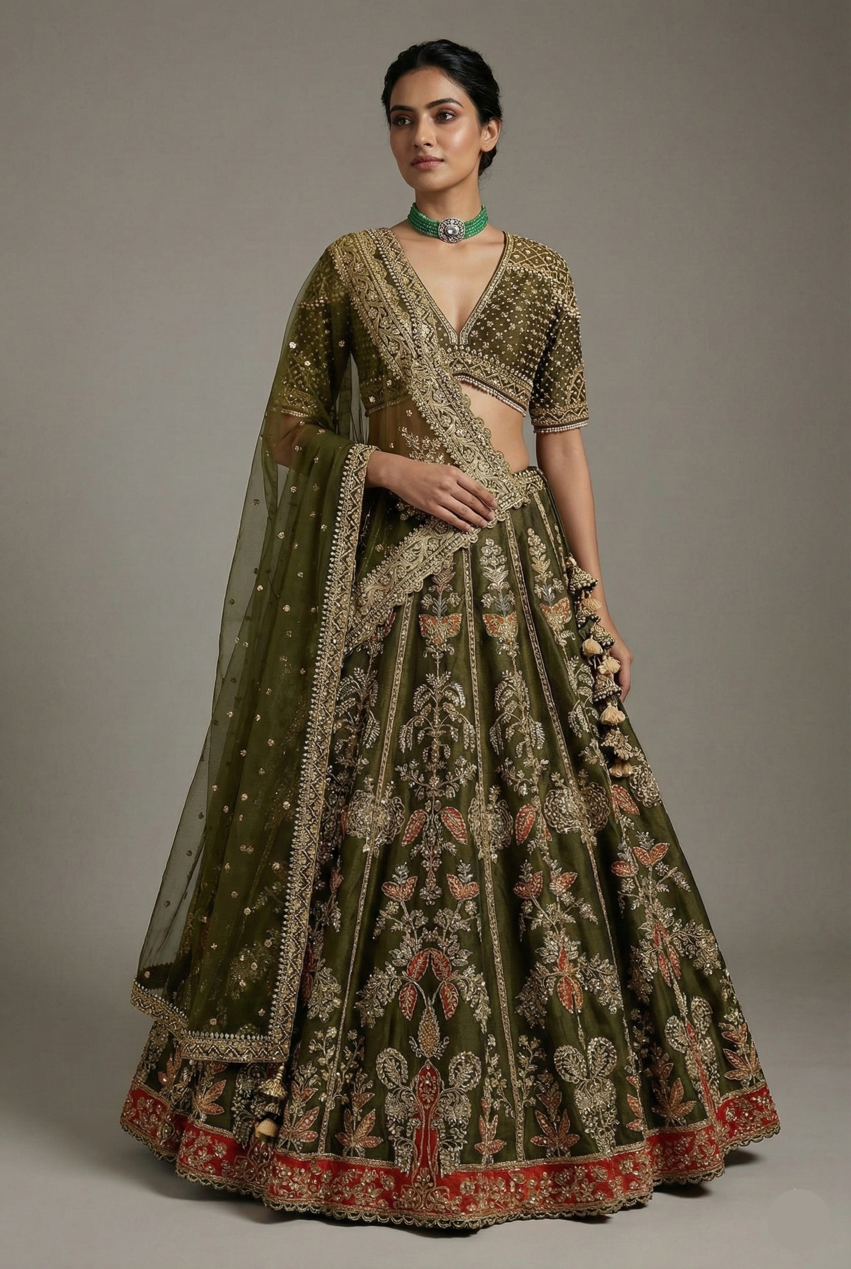 Olive Green Matka Silk Zardosi and Sequin Worked Lehenga with Double Dupatta - green silk saree