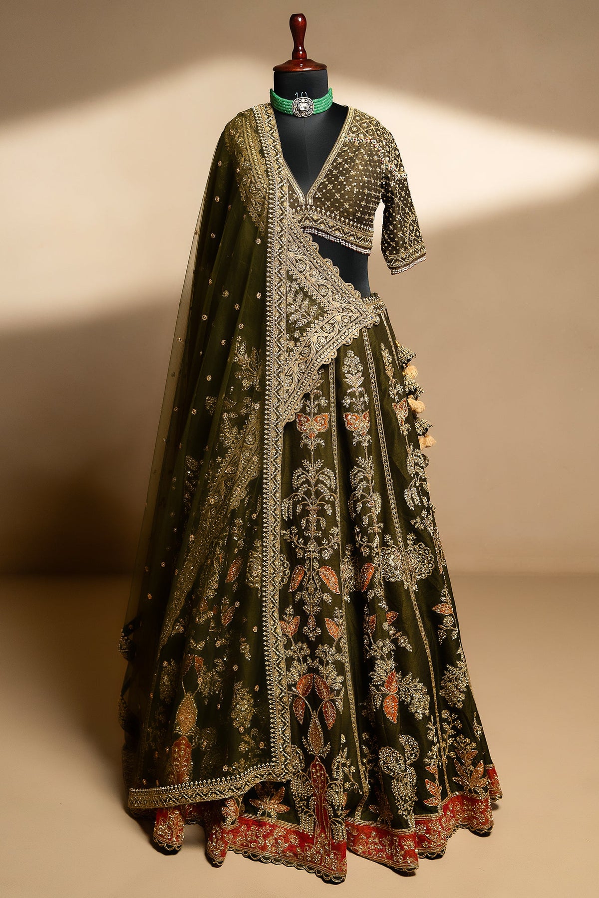 Olive Green Matka Silk Zardosi and Sequin Worked Lehenga with Double Dupatta - green silk saree