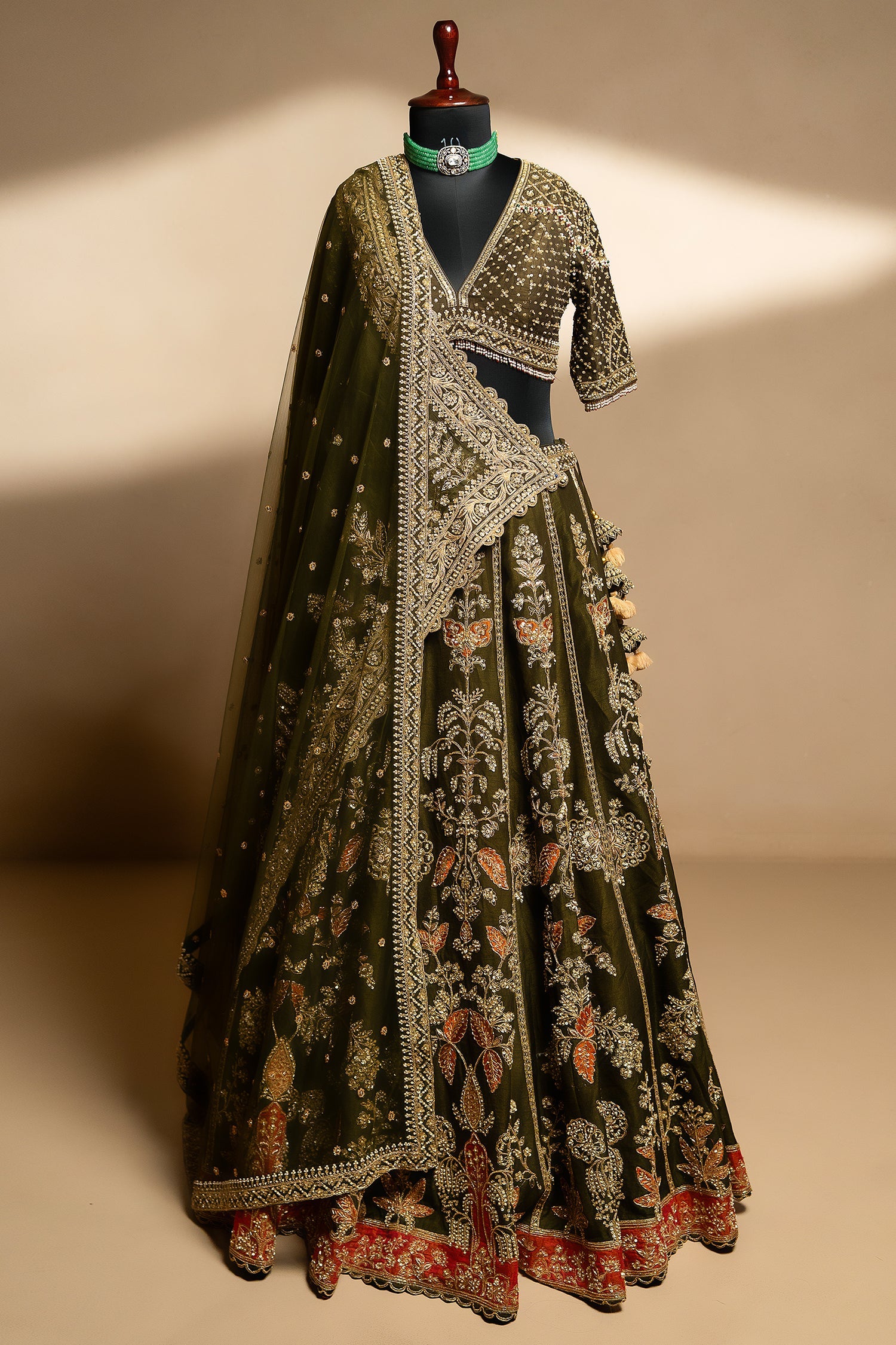 Olive Green Matka Silk Zardosi and Sequin Worked Lehenga with Double Dupatta - green silk saree