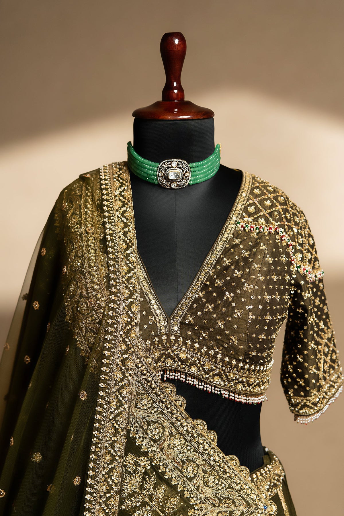 Olive Green Matka Silk Zardosi and Sequin Worked Lehenga with Double Dupatta - green silk saree
