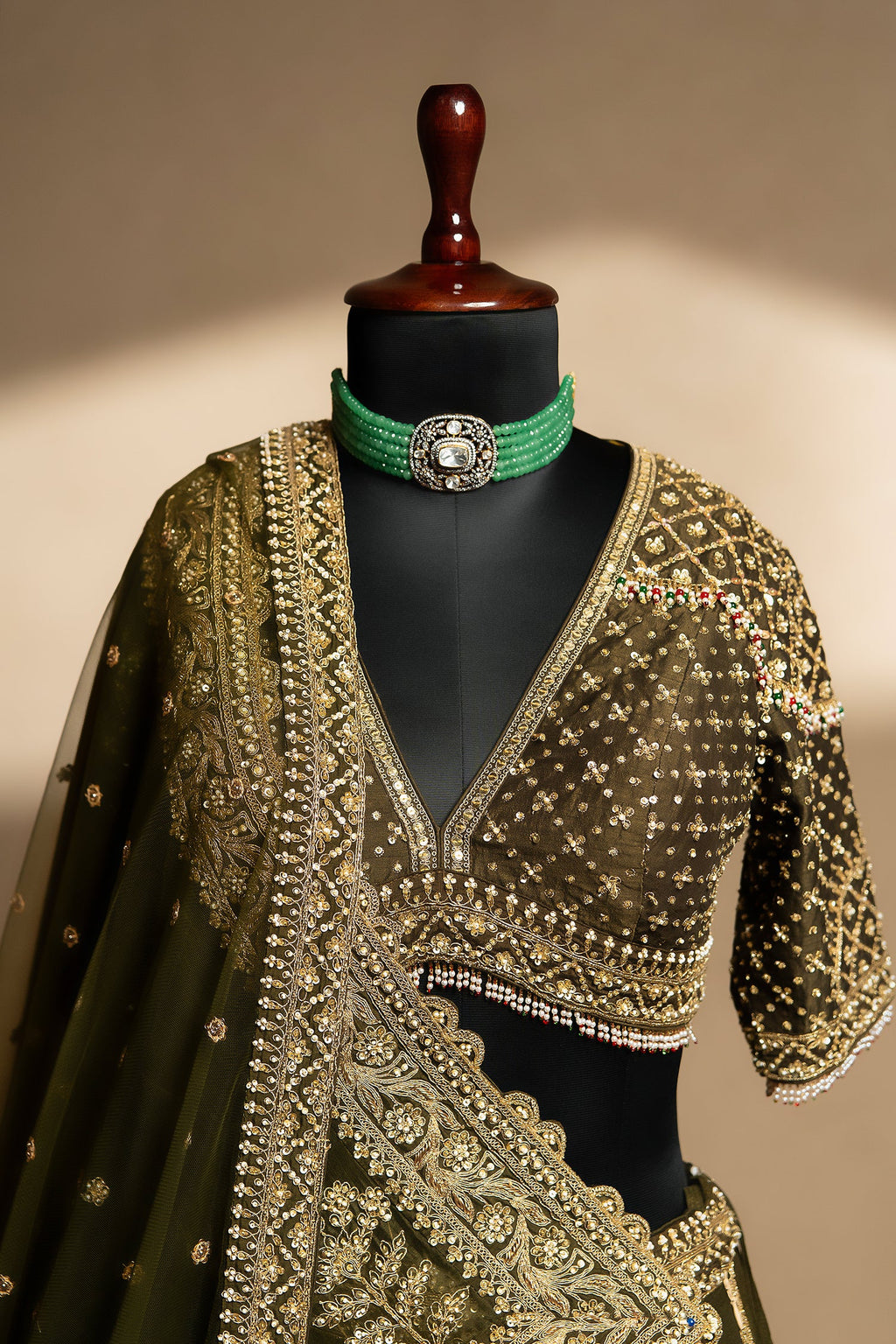 Olive Green Matka Silk Zardosi and Sequin Worked Lehenga with Double Dupatta - green silk saree