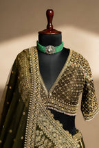 Olive Green Matka Silk Zardosi and Sequin Worked Lehenga with Double Dupatta - green silk saree