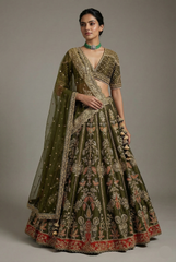 Olive Green Matka Silk Zardosi and Sequin Worked Lehenga with Double Dupatta