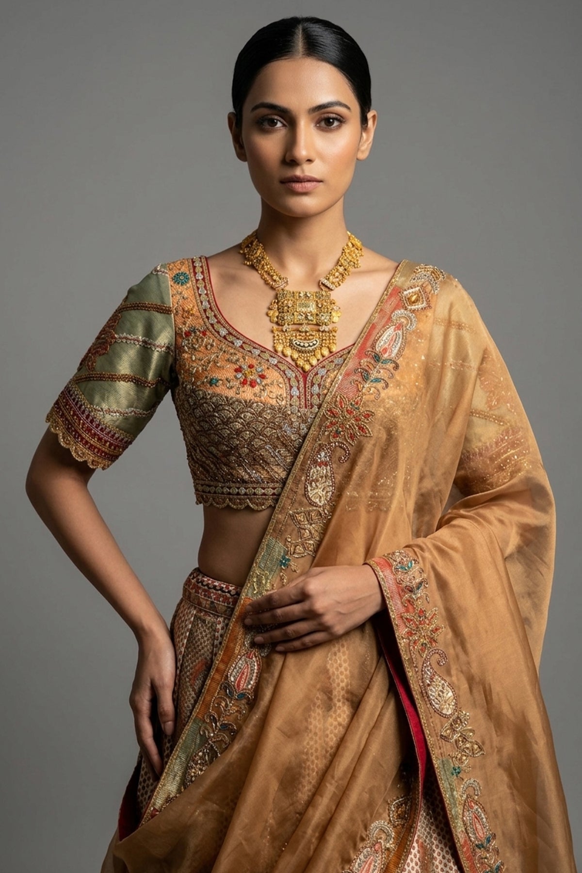 Brown Tissue Silk Printed Lehenga with Zardosi Work - brown silk saree