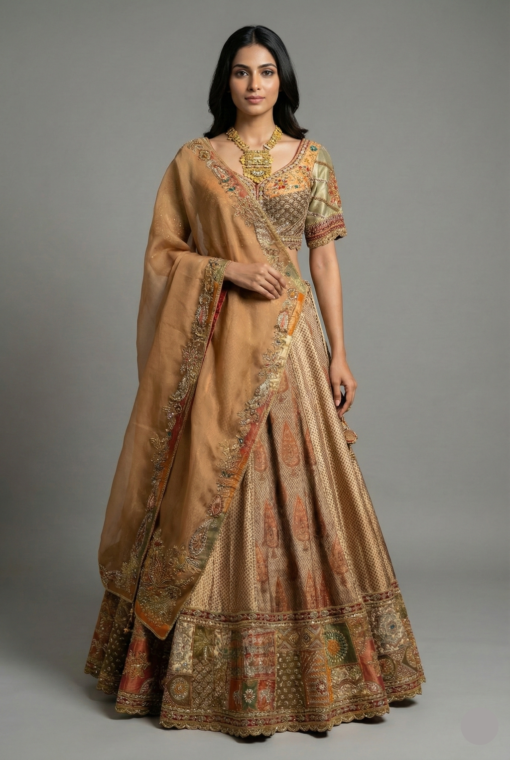 Brown Tissue Silk Printed Lehenga with Zardosi Work - brown silk saree