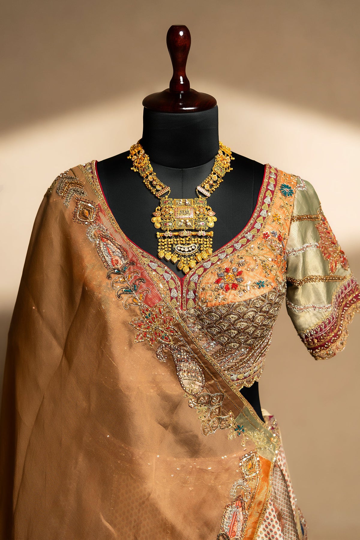Brown Tissue Silk Printed Lehenga with Zardosi Work - brown silk saree
