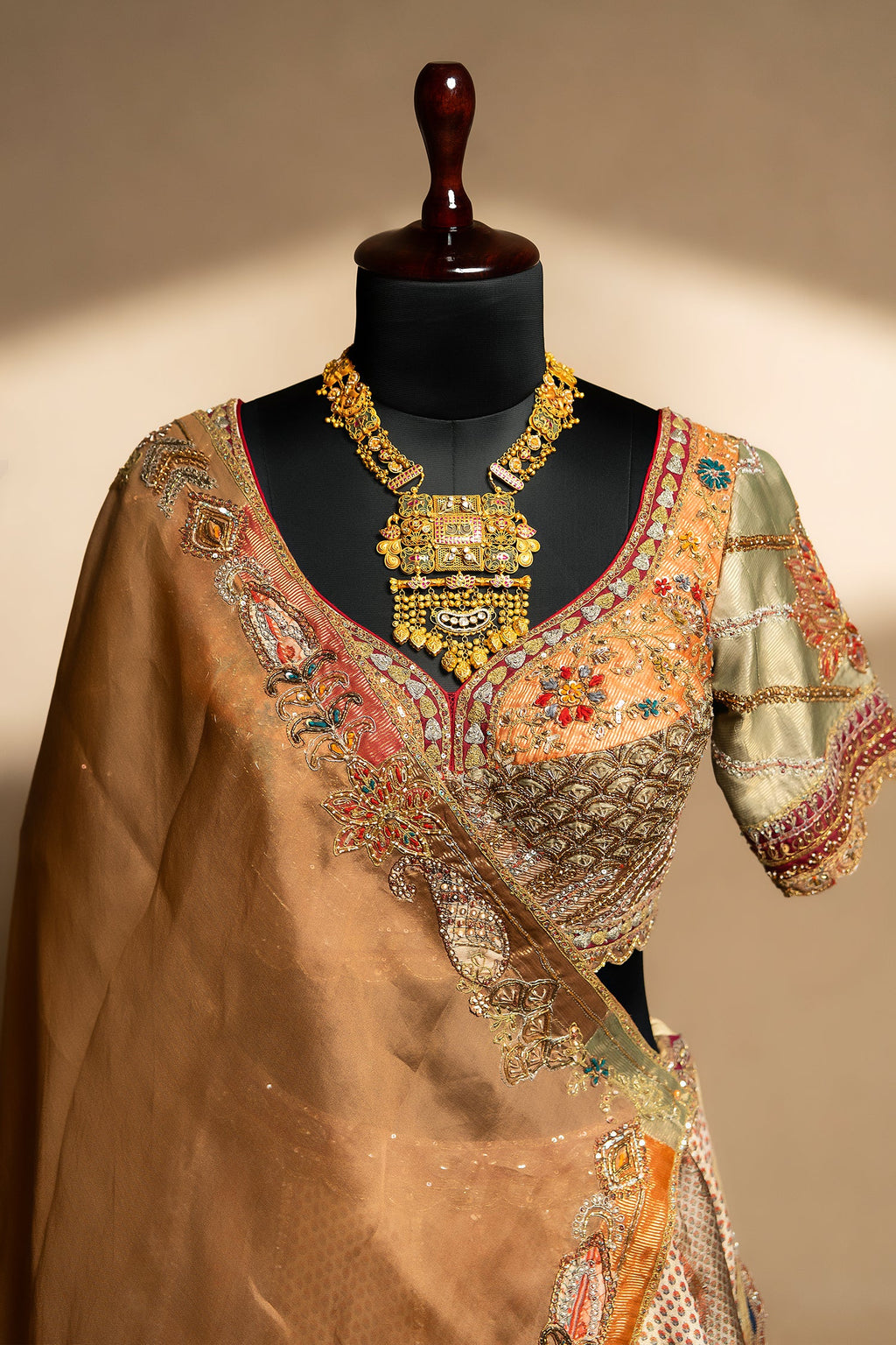 Brown Tissue Silk Printed Lehenga with Zardosi Work - brown silk saree
