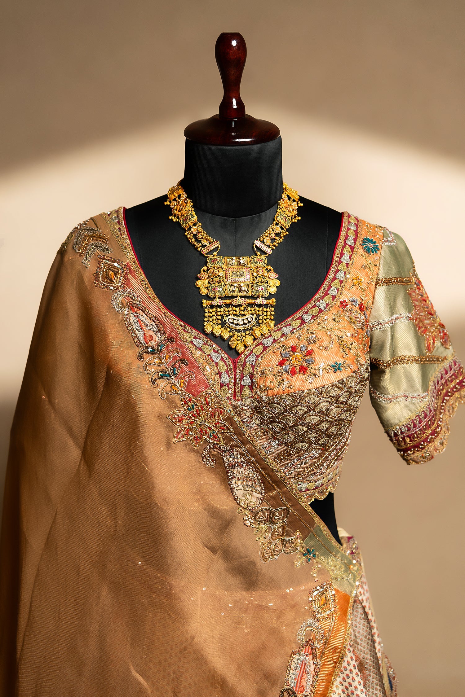 Brown Tissue Silk Printed Lehenga with Zardosi Work - brown silk saree