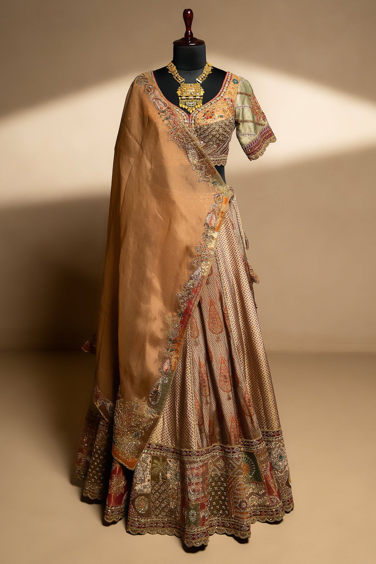 Brown Tissue Silk Printed Lehenga with Zardosi Work - brown silk saree