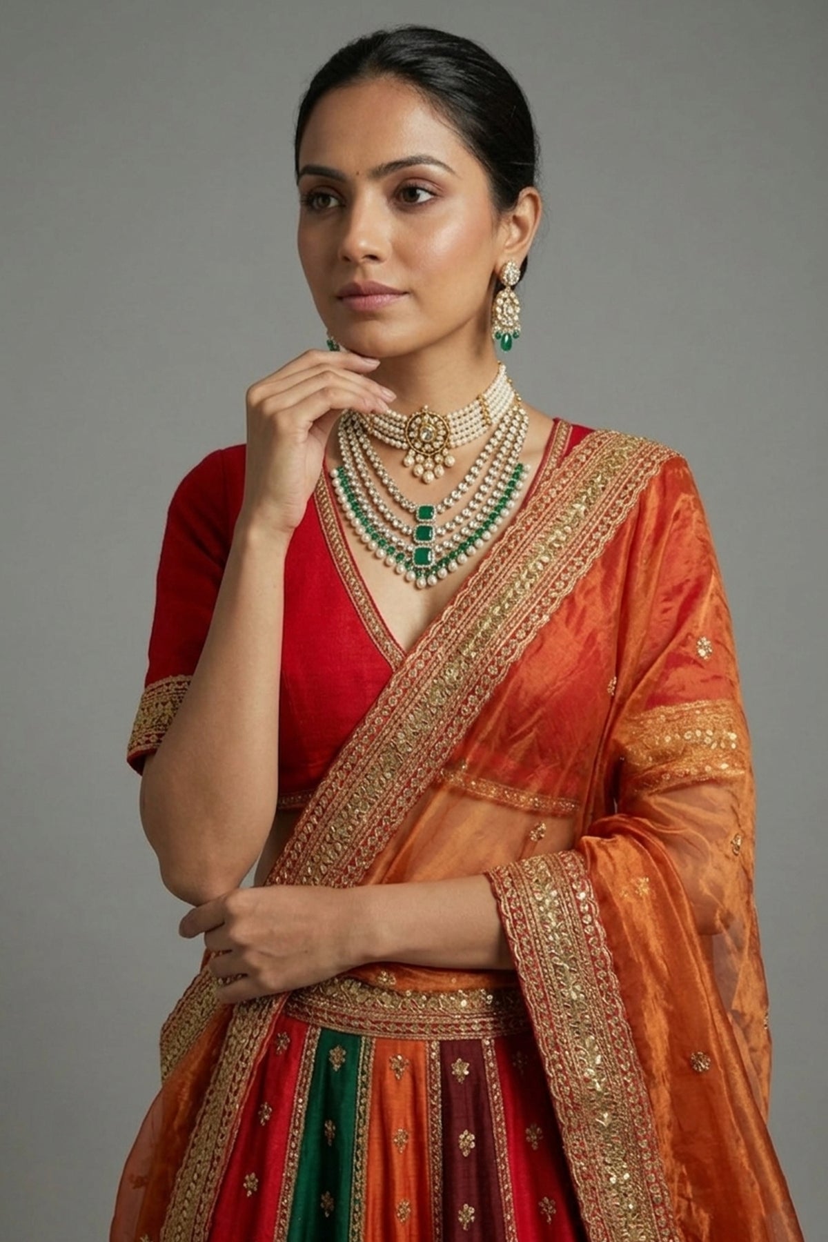 Multi Colored Matka Silk Designer Bridal Lehenga with Double Dupatta - red silk saree