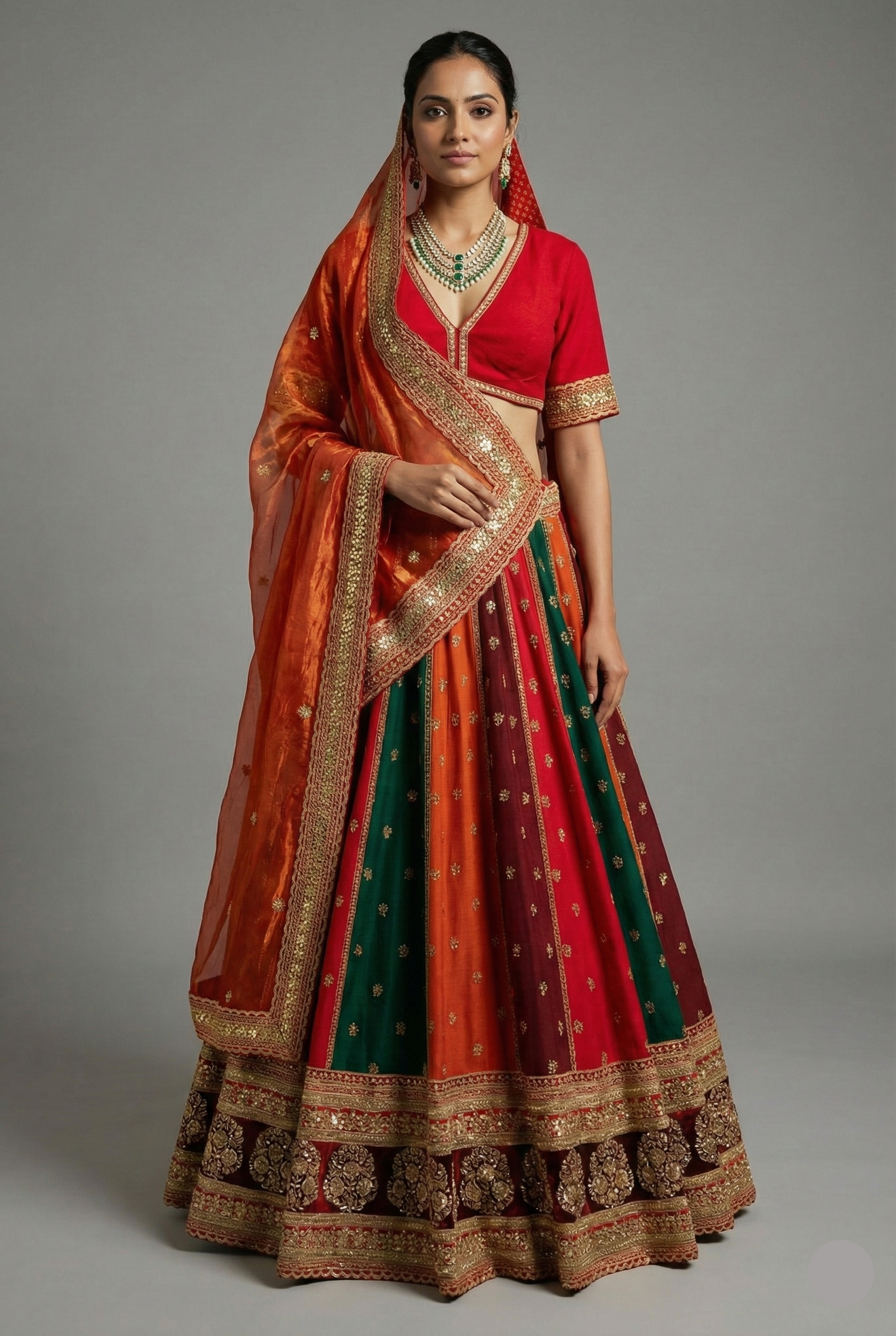 Multi Colored Matka Silk Designer Bridal Lehenga with Double Dupatta - red silk saree Main image