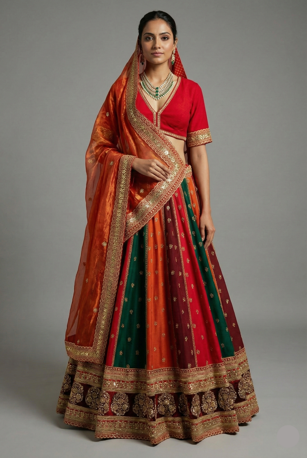Multi Colored Matka Silk Designer Bridal Lehenga with Double Dupatta - red silk saree