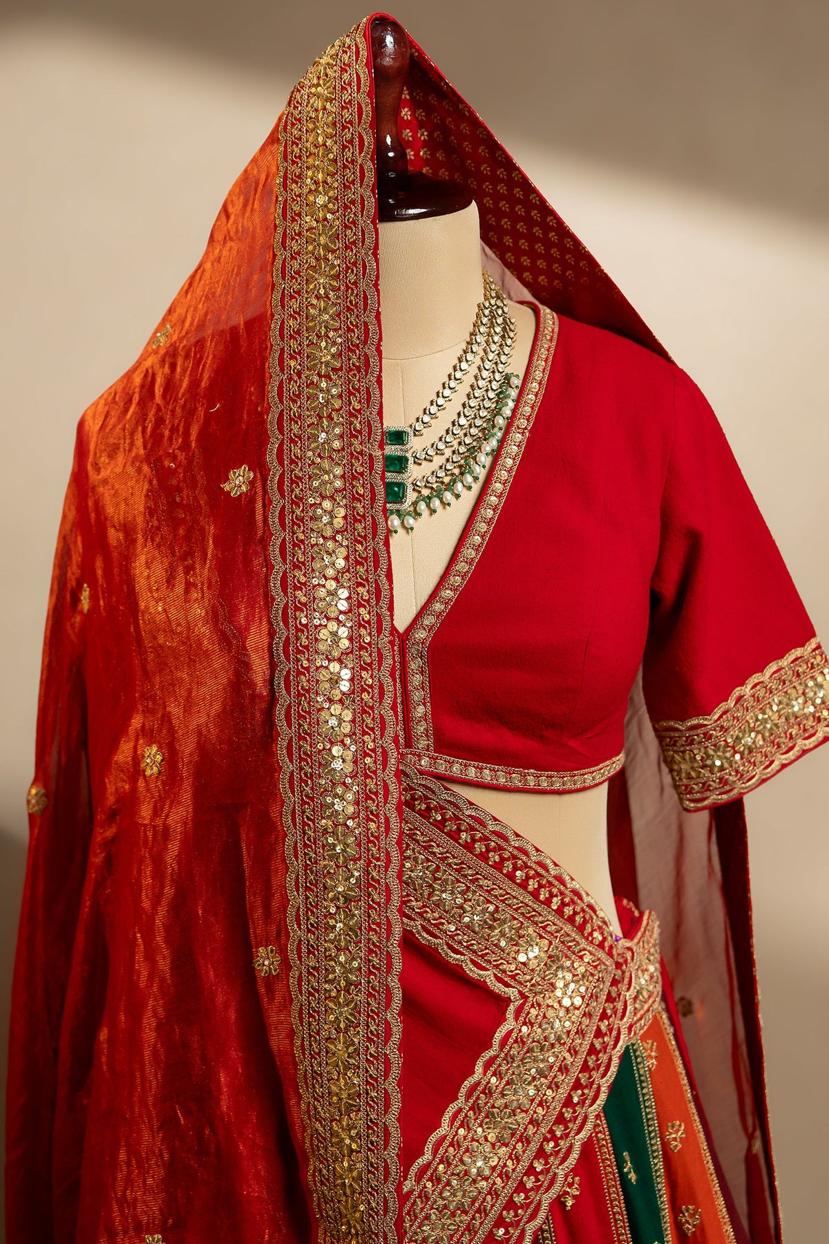 Multi Colored Matka Silk Designer Bridal Lehenga with Double Dupatta - red silk saree