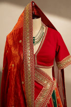 Multi Colored Matka Silk Designer Bridal Lehenga with Double Dupatta - red silk saree