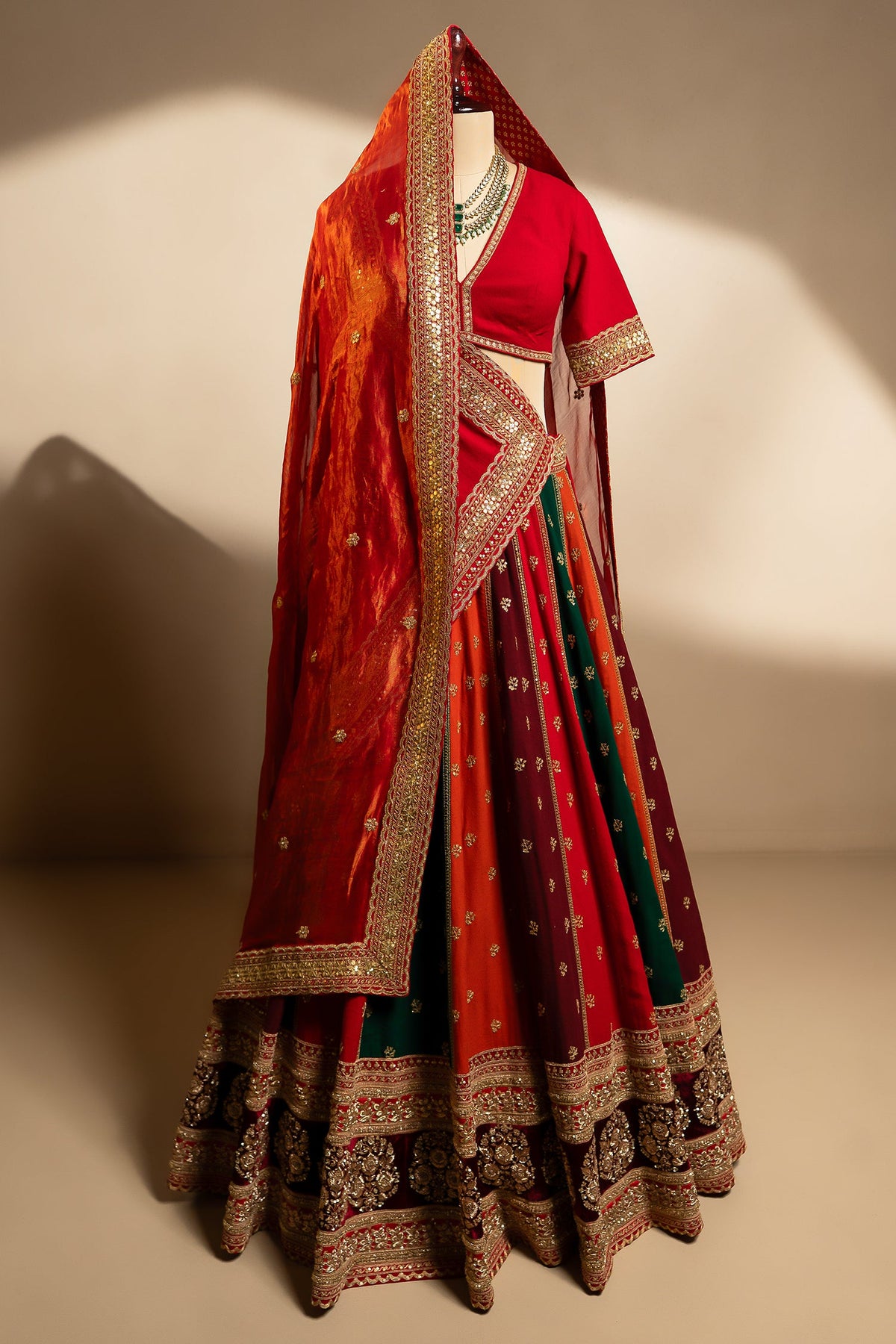 Multi Colored Matka Silk Designer Bridal Lehenga with Double Dupatta - red silk saree
