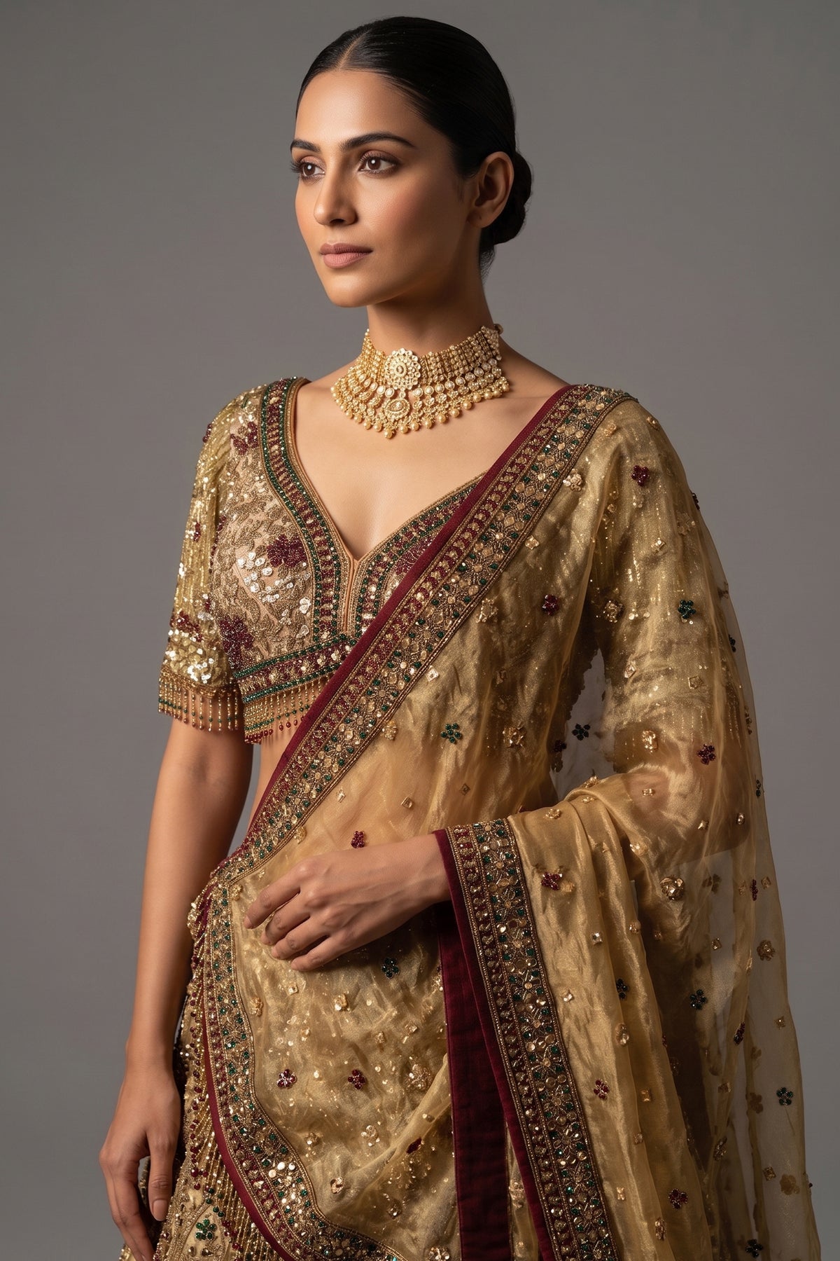Golden Tissue Silk Sequinned and Beaded Designer Lehenga - gold silk saree