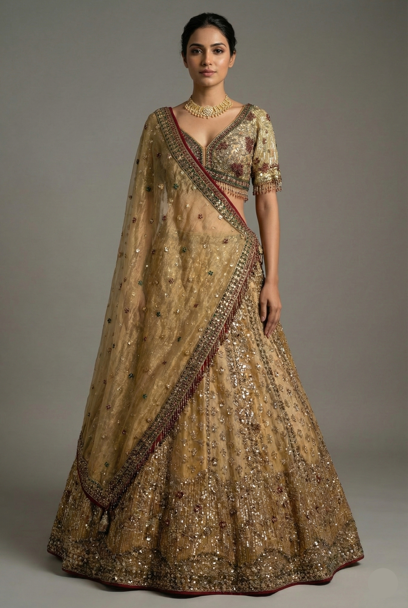 Golden Tissue Silk Sequinned and Beaded Designer Lehenga - gold silk saree
