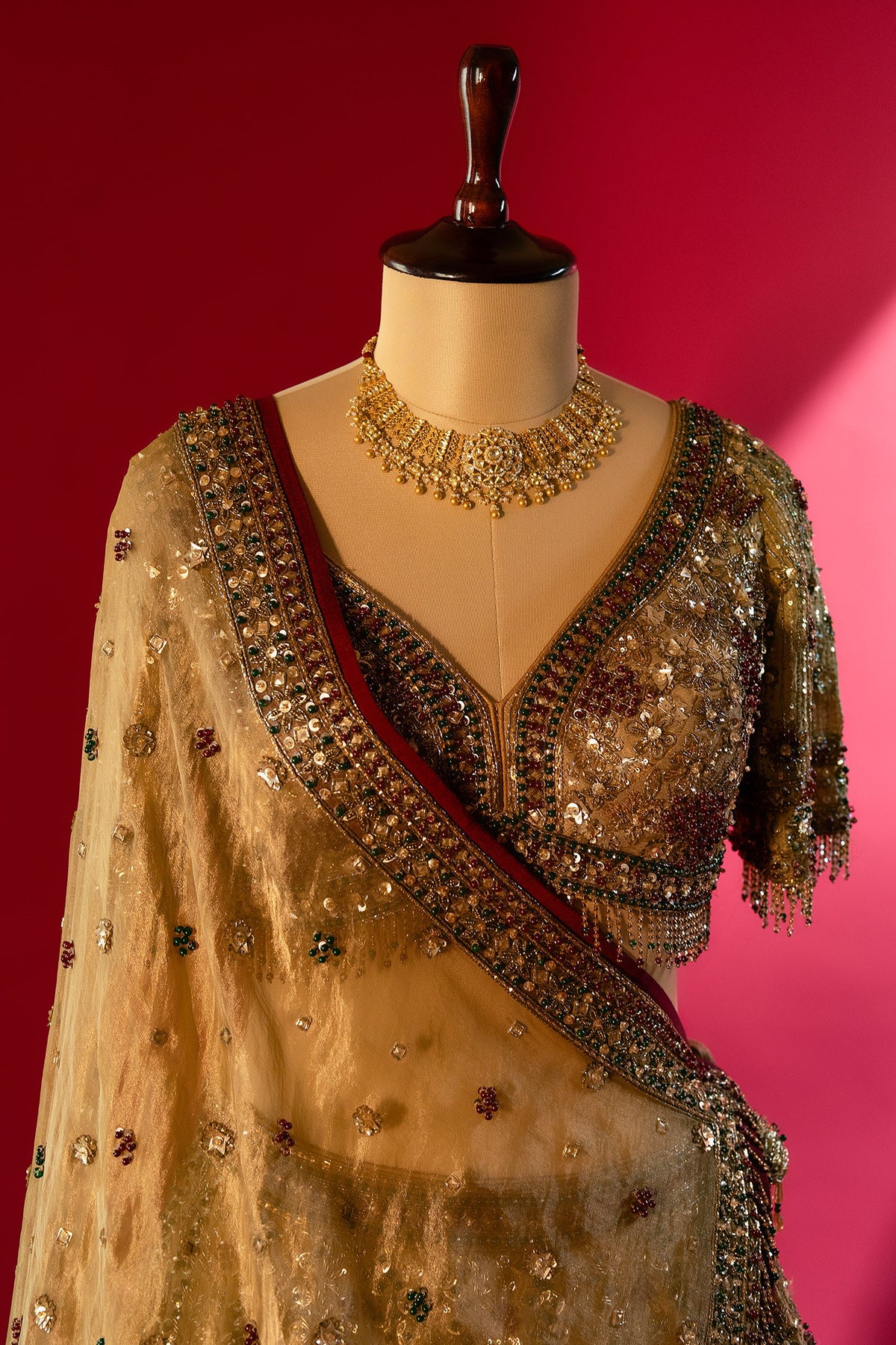 Golden Tissue Silk Sequinned and Beaded Designer Lehenga - gold silk saree