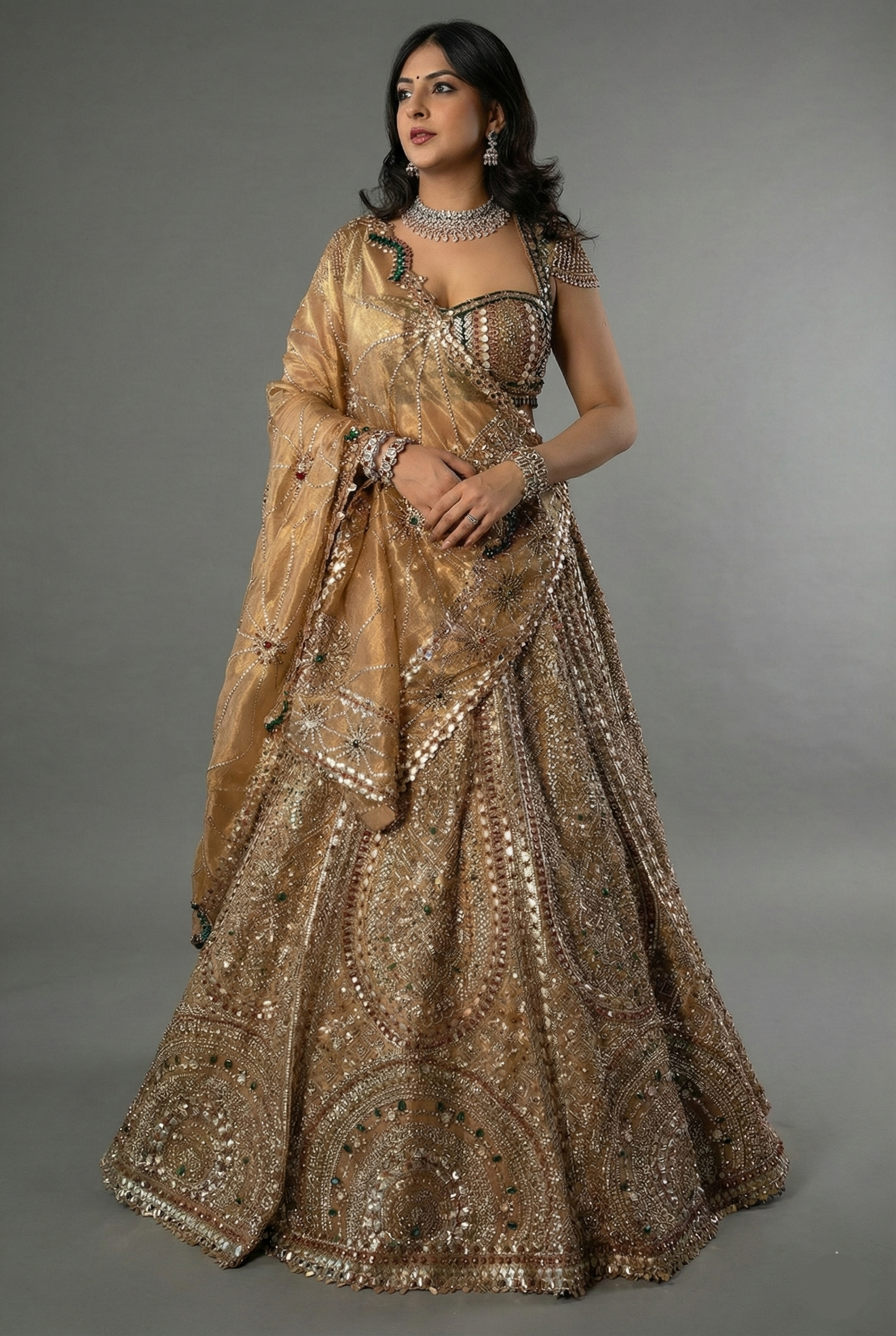 Golden Tissue Silk Metallic Worked Designer Lehenga - gold silk saree Main image