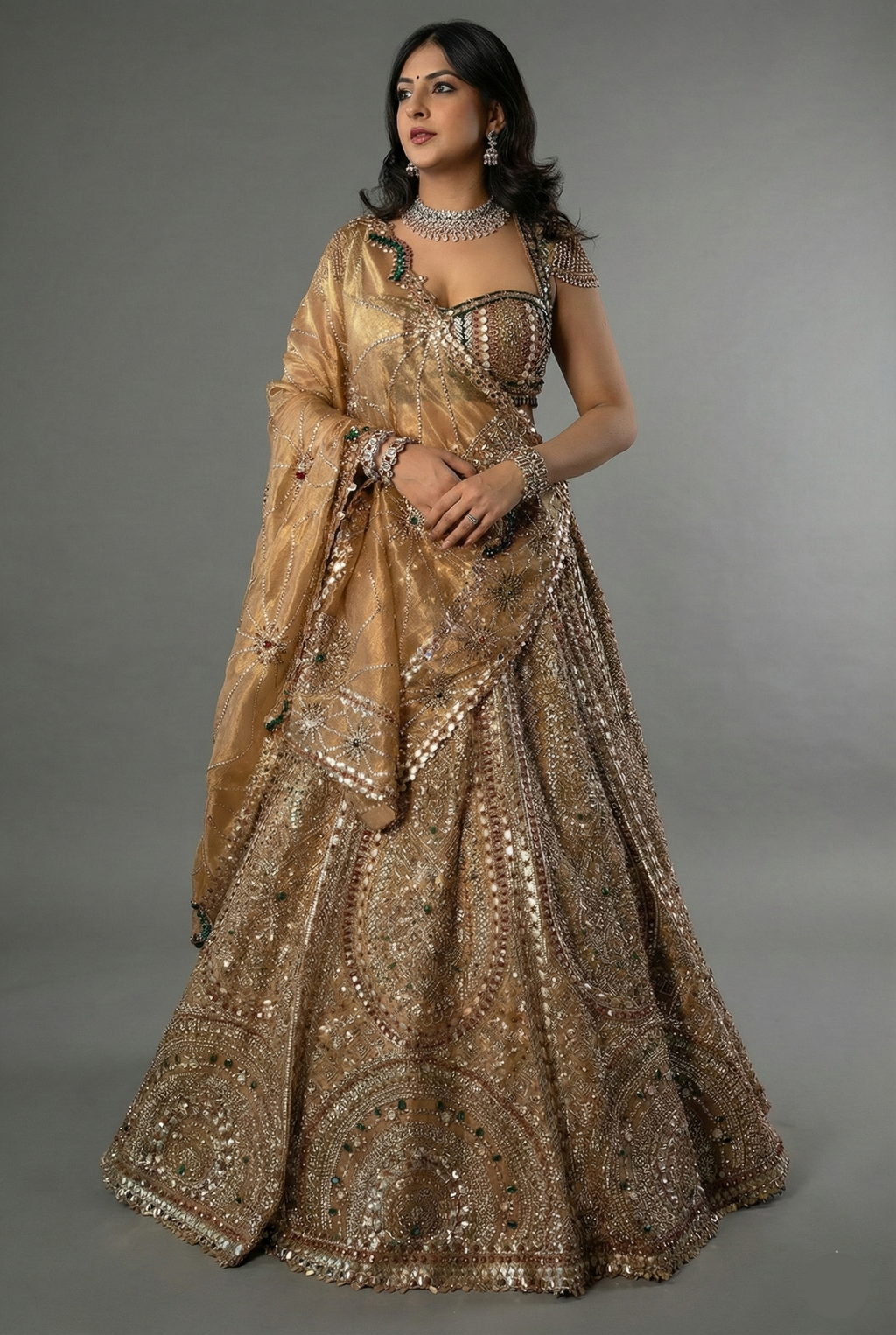 Golden Tissue Silk Metallic Worked Designer Lehenga - gold silk saree