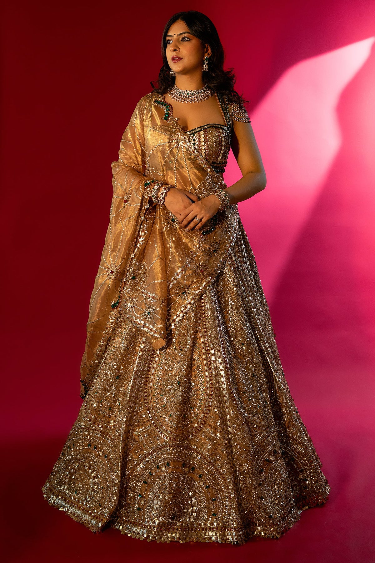 Golden Tissue Silk Metallic Worked Designer Lehenga - gold silk saree